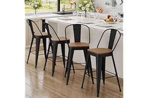 Andeworld Metal Bar Stools Set of 4, 24 inch Counter Height Barstools with Backs Farmhouse Modern High Back Bar Stools with Larger Seat Kitchen Dining Bar Chairs,Matte Black