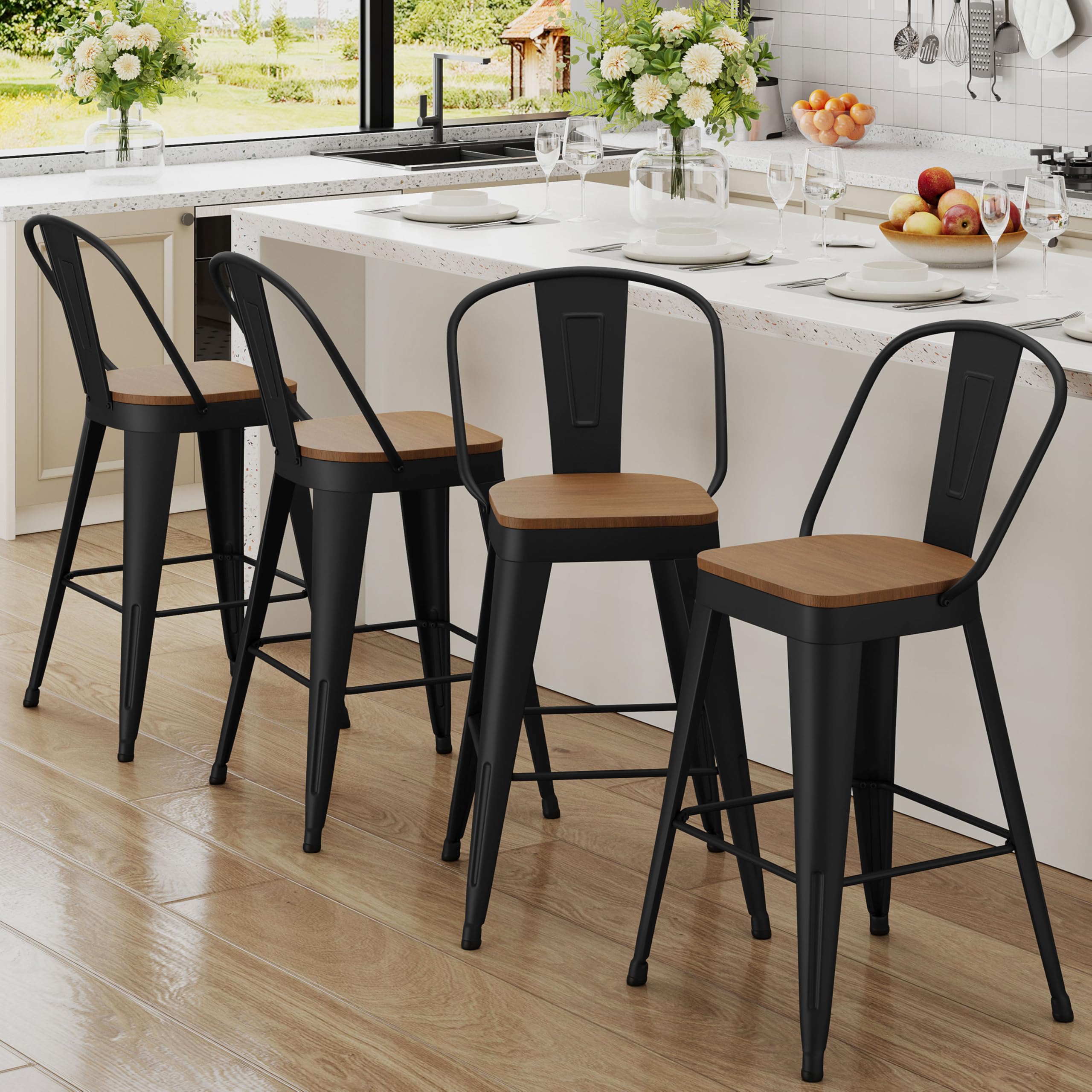 Photo 1 of ** VERY USED ** Andeworld Metal Bar Stools Set of 4, 30 inch Bar Height Barstools with Backs Farmhouse Modern High Back Bar Stools with Larger Seat Kitchen Dining Bar Chairs,Matte Black