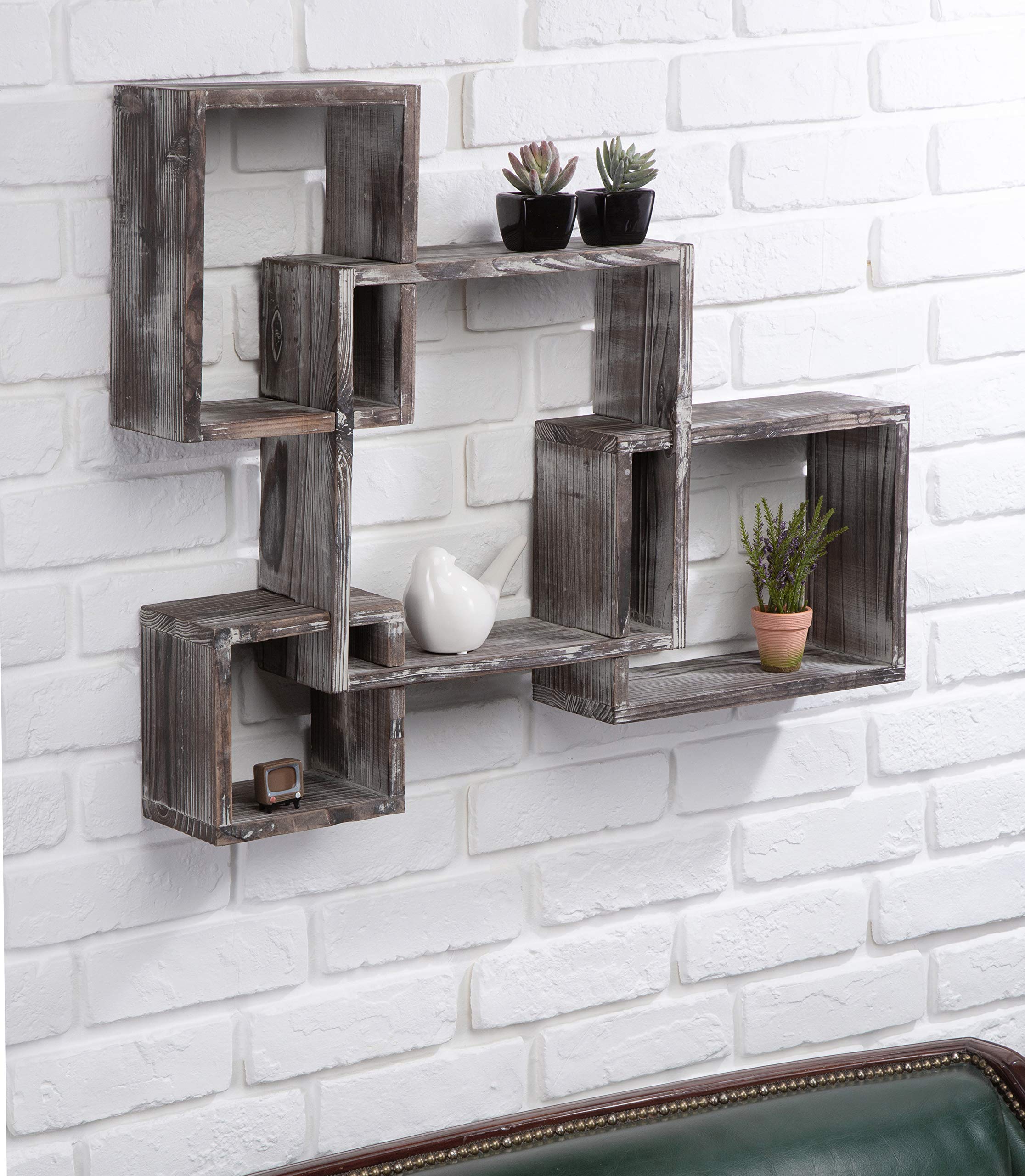 J JACKCUBE DESIGN Rustic Wood Shelves -Floating Intersecting Wall Shelves with 4 Cubes, Wall-Mounted Square, Antique Style Shadowbox, Decorative Collection Display Organiser. MK512A (Rustic Wood)