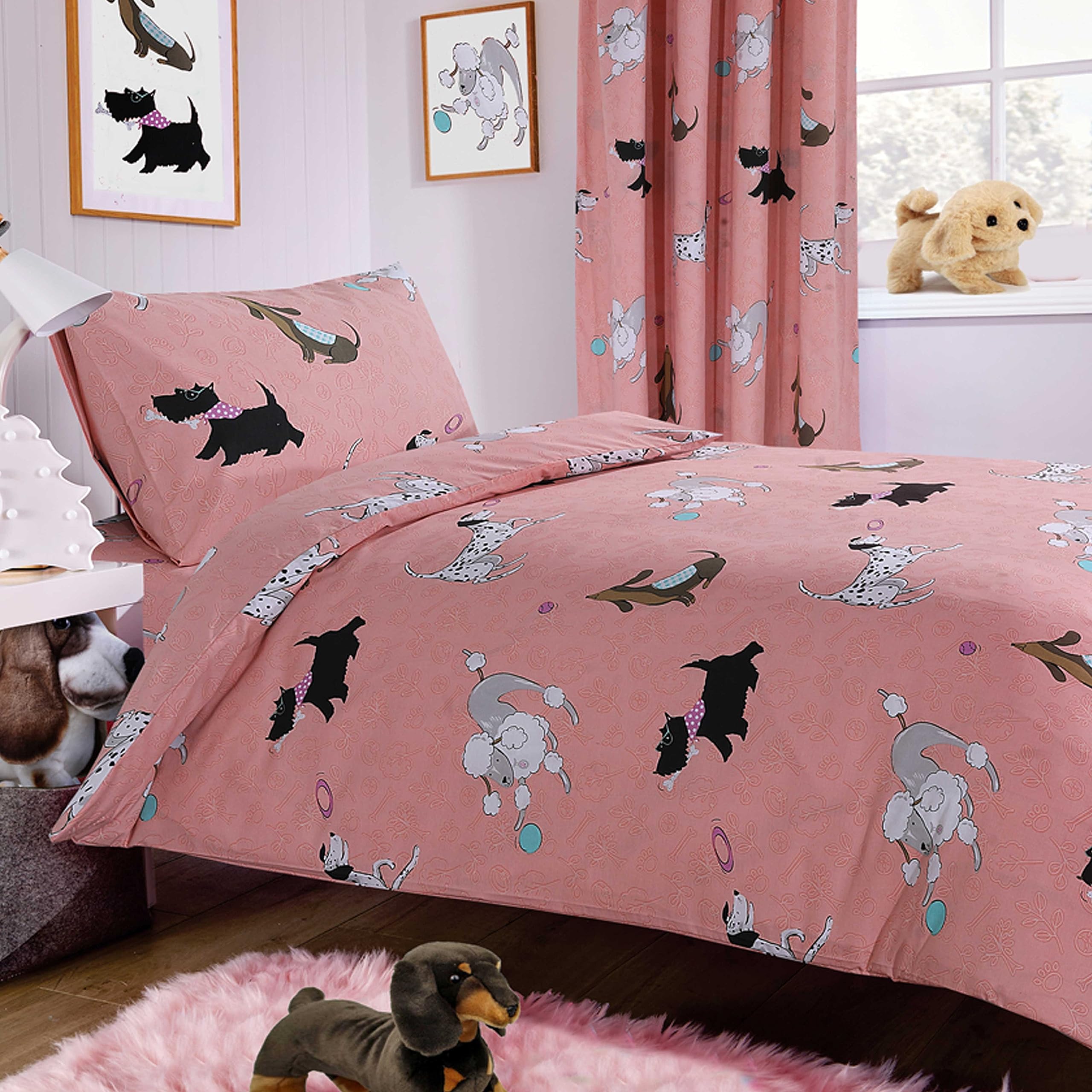 Olivia Rocco Pups Pink Duvet Cover Set Super Soft Lightweight Bedding Set with Pillowcase Dog Animal Printed Pattern, Double