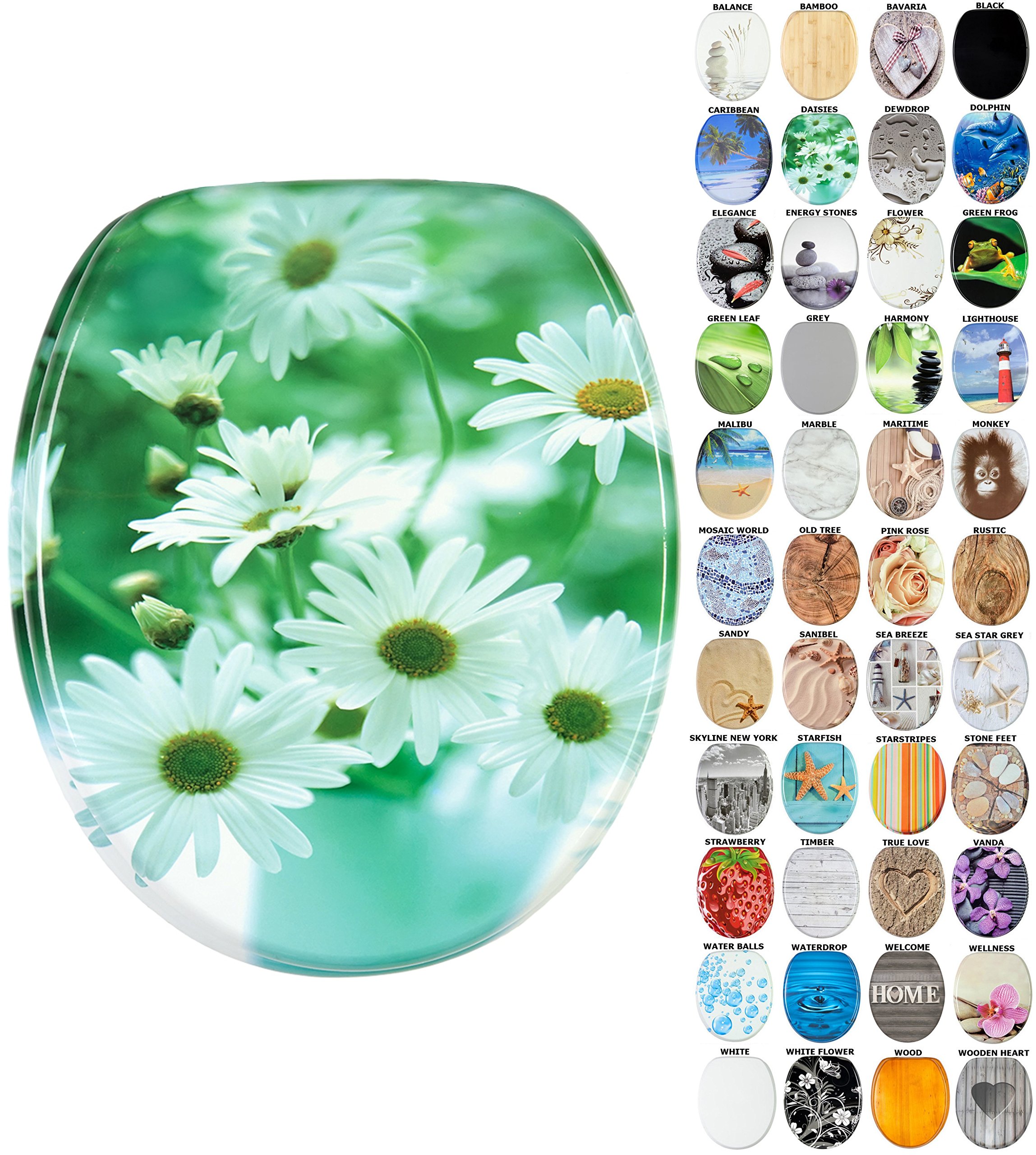 Sanilo Soft Close Toilet Seat, Wide Choice of New Toilet Seats, Stable Hinges, Easy to Mount (Daisies)