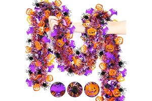 LAIRYAN Halloween Decorations,50 FT Halloween Tinsel Garland with Orange Pumpkin Black Spider Purple Bat, Shiny Metallic Twist Garland for Home Tree Indoor Outdoor Party Decorations