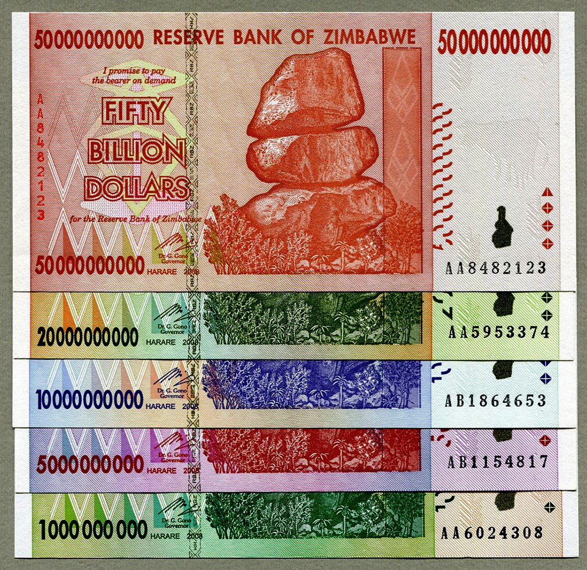 RBZ Collectibles Currency Banknotes Set - Zimbabwe 50 20 10 5 1 Billion Dollars UNC 2008