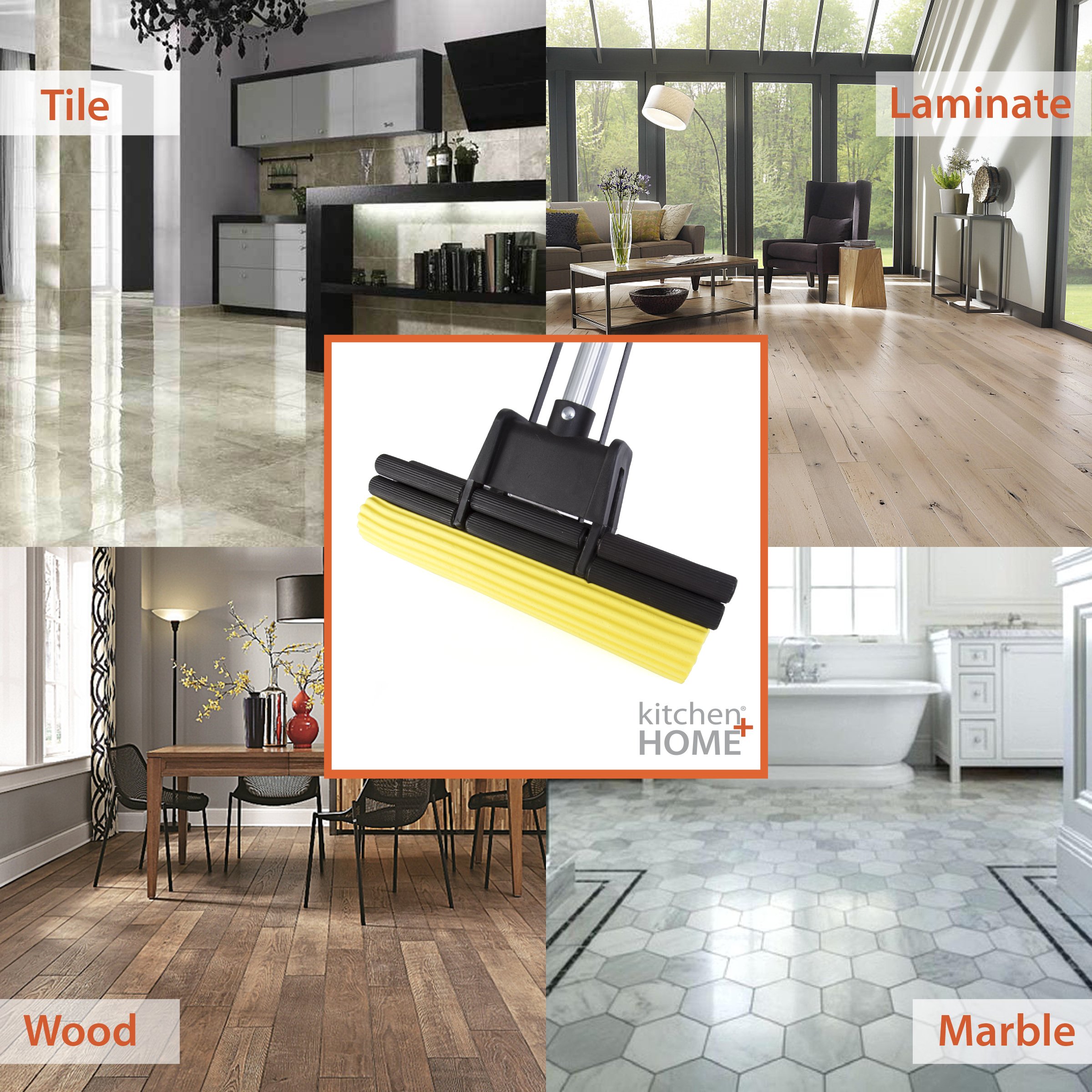 Kitchen + Home Absorbent PVA Double Roller Sponge Foam Mop with Extendable Handle