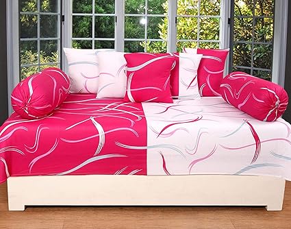 ZAINHOME Cotton Diwan Set (Magenta and White) - Pack of 8