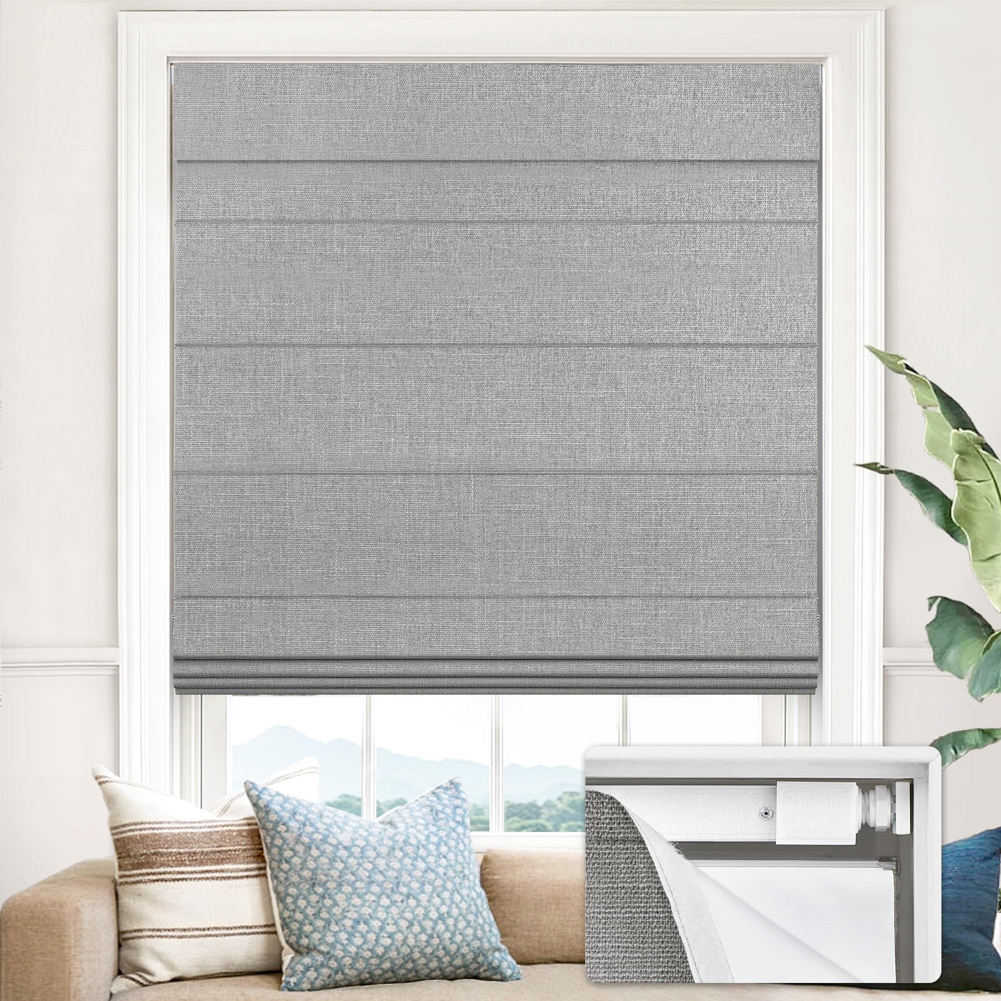 UNISHADES 100% Blackout No Tools No Drill Cordless Roman Shades for Windows, Size 47 3/4" W × 60" H (for Windows 48" W × 60" H) Blackout - Grey