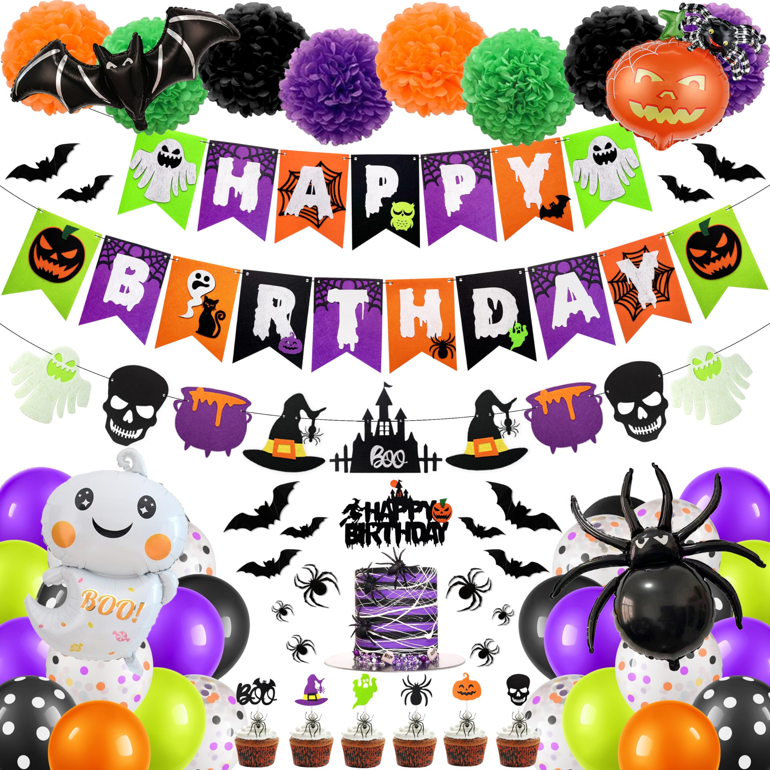 Photo 1 of Halloween Birthday Party Decorations, Halloween Party Supplies with Happy Birthday Banner Garland Latex Balloons Cake Toppers for Kid Hween? Theme Decor
