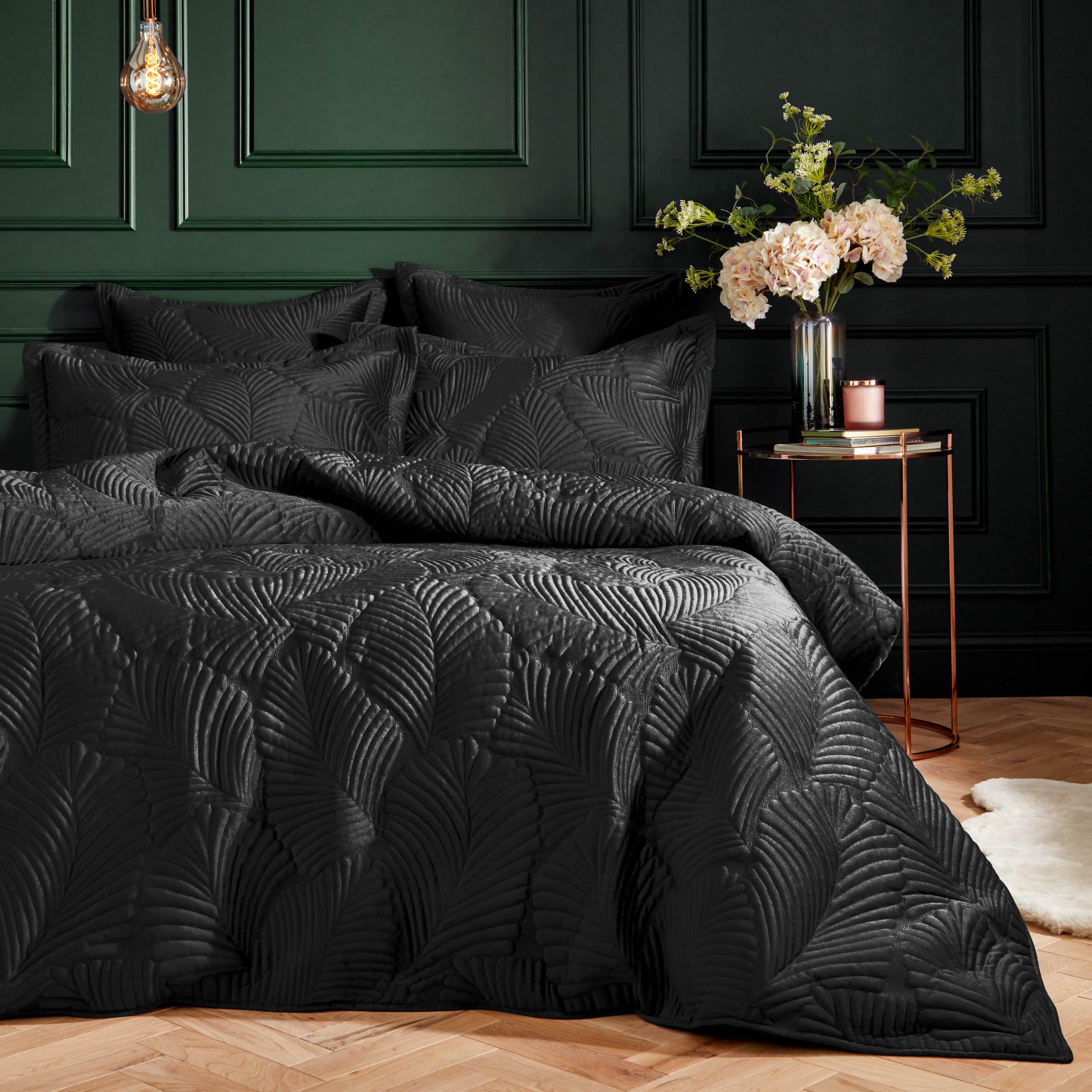 Paoletti Palmeria Quilted Duvet Cover Set – Luxe Embroidered Velvet Bedding (Black – Double) — image 1