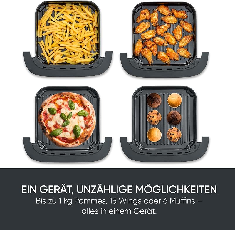 Heißluftfritteuse Pizza & More, Pizzaprogramme, 10 Garprogramme, optimale Wärmeverteilung, extra breite Form, mit Sichtfenster, 4L, 2100W, schwarz, silber, S-Fry, FR 2464