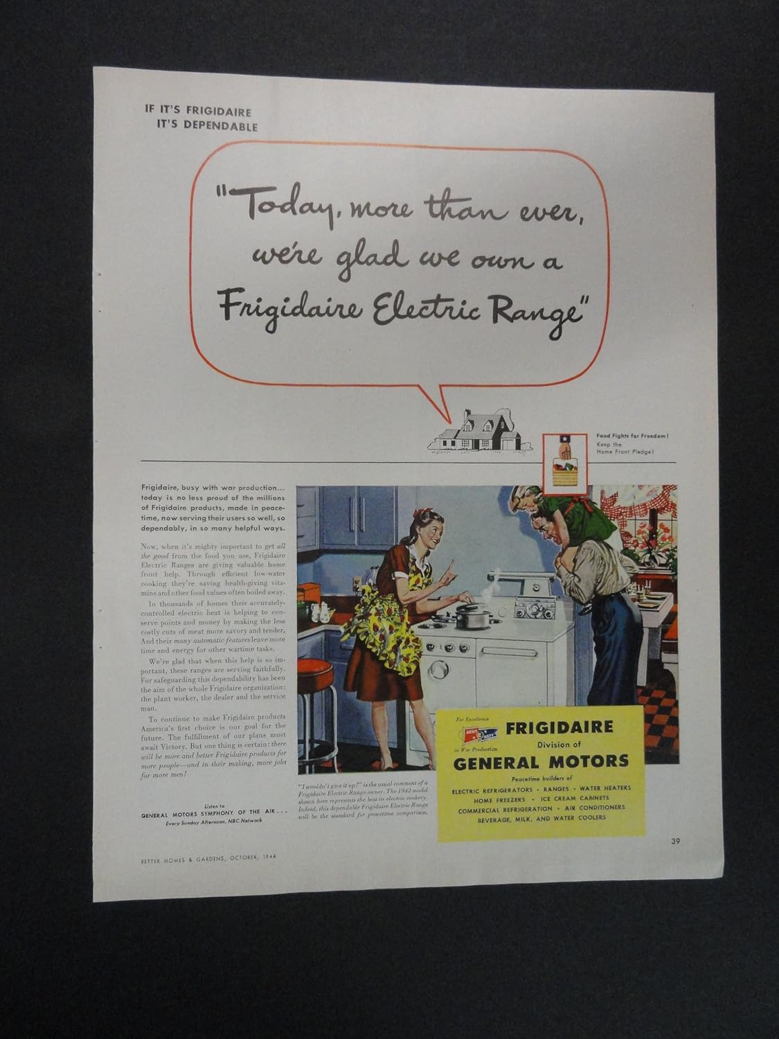 Frigidaire Electric Range. print ad. 9 3/4" x 12 1/2" Full Page Color Illustration (mother,father,little girl.) Original Vintage 1944 Better Homes and Gardens Magazine Illustration, Art.