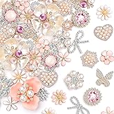 Giegxin 24 Pcs Rhinestone Buttons for Crafts Clothes Faux Pearl Embellishments Pink Butterfly Rhinestone Flower Buttons Vintage Women Pearl Brooch for Jewelry Making, DIY, Bags Shoes Supplies