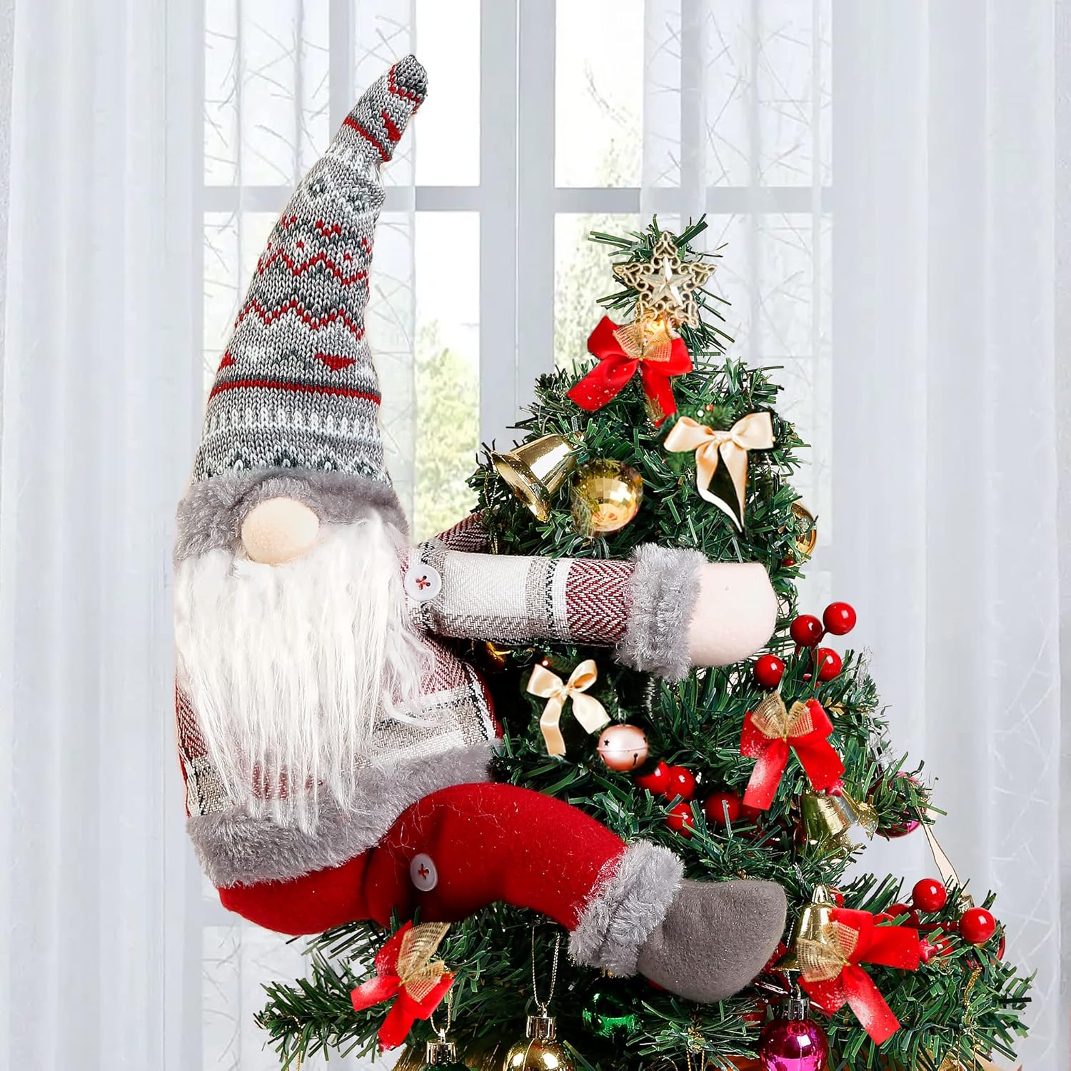 Tree Toppers - Sggvecsy Christmas Tree Topper Gnome Hand Made Christmas Gnome Decoration Funny Christmas Tree Topper Christmas Plush Gnome Ornaments Also be Used as Curtain Tie for Home Decor (Grey)