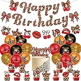 Cheetah Cherry Birthday Party Decoration Set, Happy Birthday Leopard Banner, Lipstick/Crown/Cherry Printed Balloons, Cake Toppers, Themed Party Decor Sulpplies for Girls Women (Cheetah Printed)