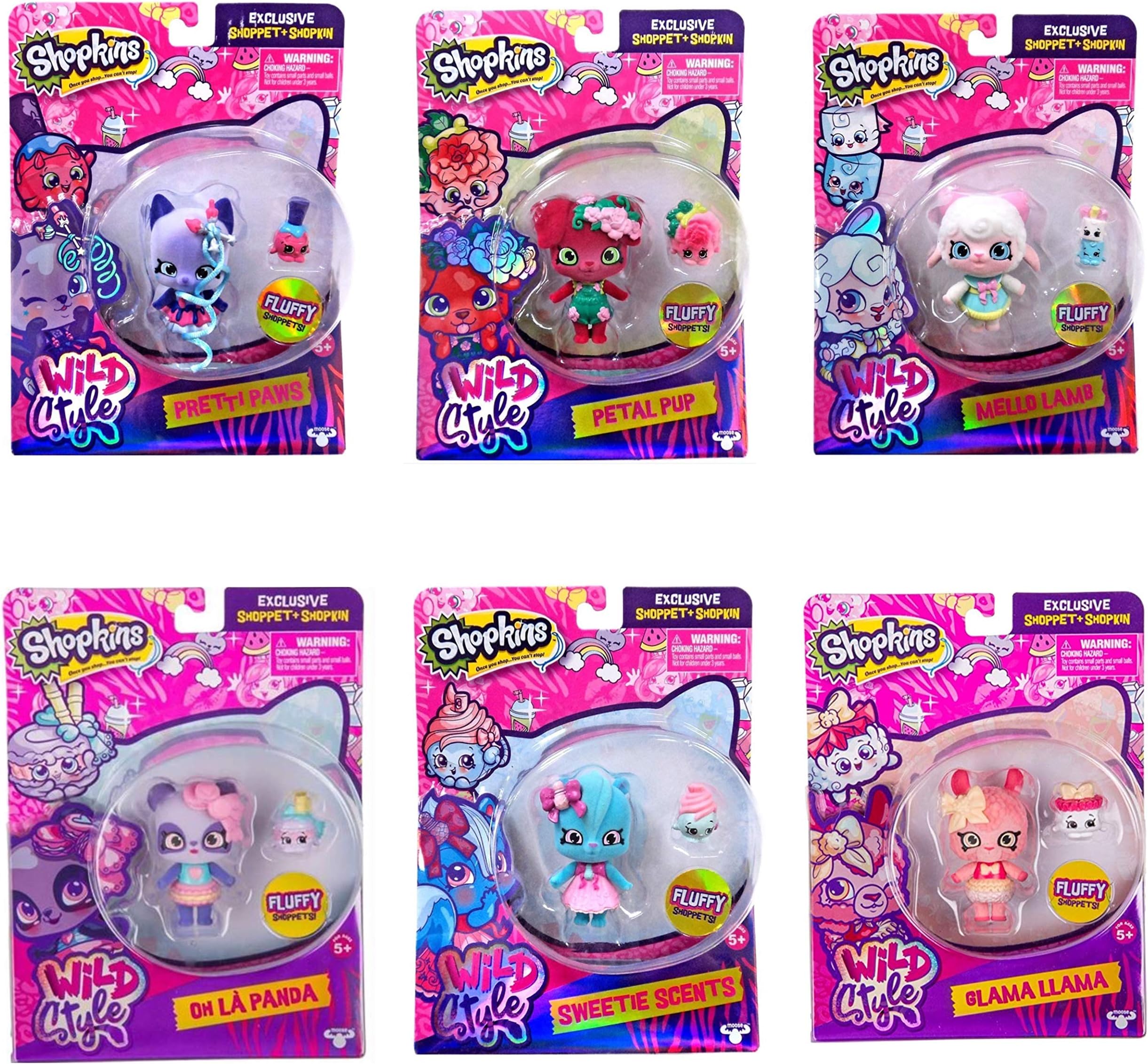Shopkins Shoppet Petal Pup, Mello Lamb, Oh La Panda, Lama Llama, Sweetie Scents and Pretti Paws Bundle