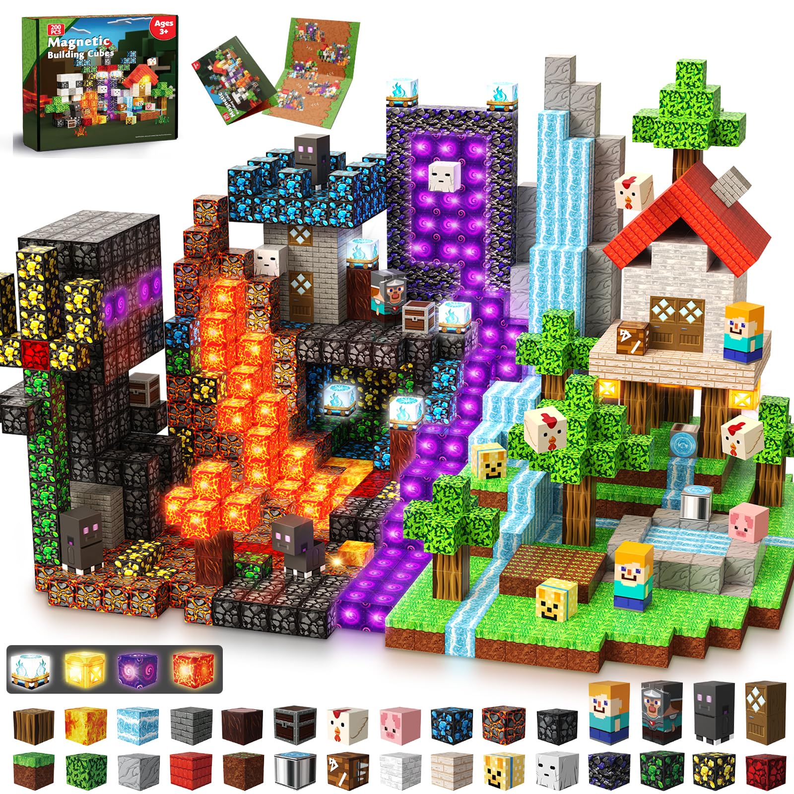 ToyUnited Magnetic Blocks - 200PCS Magnetic Building Blocks Flashing Light Cubes Forest Portal, Stacking Tiles STEM Sensory Toys for Kids Boys Girls Ages 3 4 5 6 7 8 9 10 Christmas Birthday Gifts