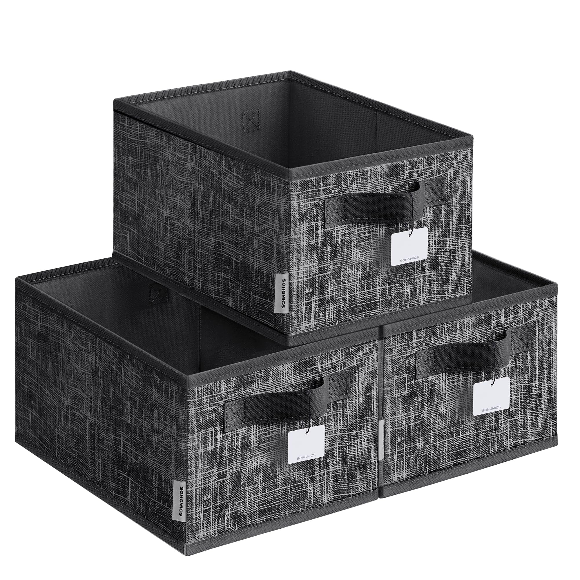 SONGMICS Collapsible Storage Boxes, Set of 3 Fabric Storage Baskets, 30 x 20 x 15 cm, Wardrobe Storage Organisers, 2 Handles, Label Holders, for Bedroom, Living Room, Ink Black ROB415B01