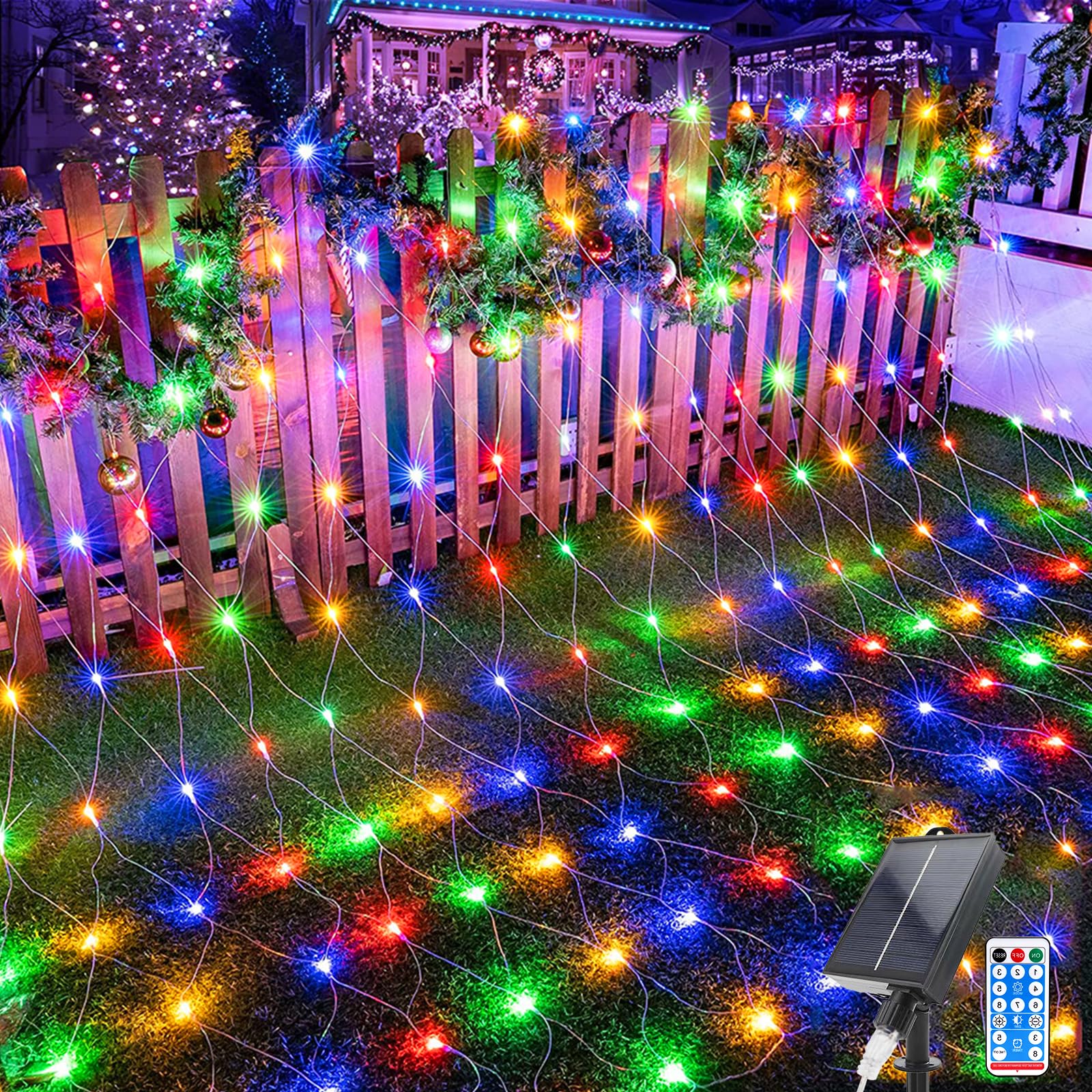 Acxilexy 198 LED Solar Net Lights Outdoor, 6.6 Ft x 9.8 Ft Mesh Fairy Lights with 8 Modes, Remote Control Mesh Fairy Lights, Waterproof Fairy Net Lights for Xmas Tree Lawn Bushes Fence Wall