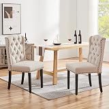 Yaheetech Dining Chairs Set of 6 Beige Upholstered Tufted with Nailhead Trims view 4