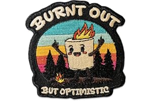JESTIK Burnt Out But Optimistic Embroidery Patch - Funny Meme Embroidered Patches, Military Tactical Morale Patch with Hook & Loop Fastener, Cute Patches for Backpacks, Jeans, Jackets, Vests, Hats & More
