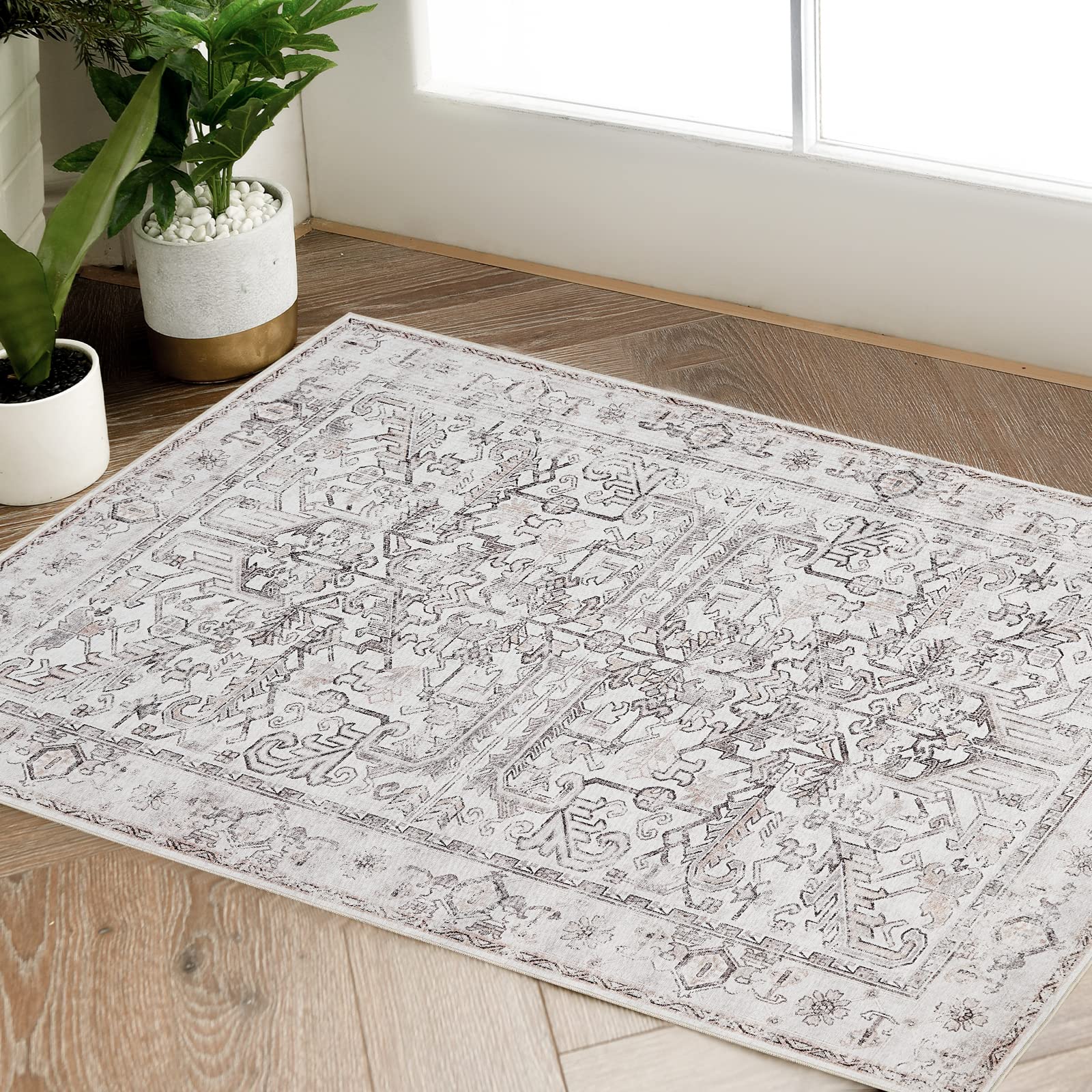 TOPICK Door mat Washable 60x90cm Taupe Entryway Rug Indoor Vintage Print Small Doormat Thin Lightweight Non Slip Carpet for Kitchen Bathroom
