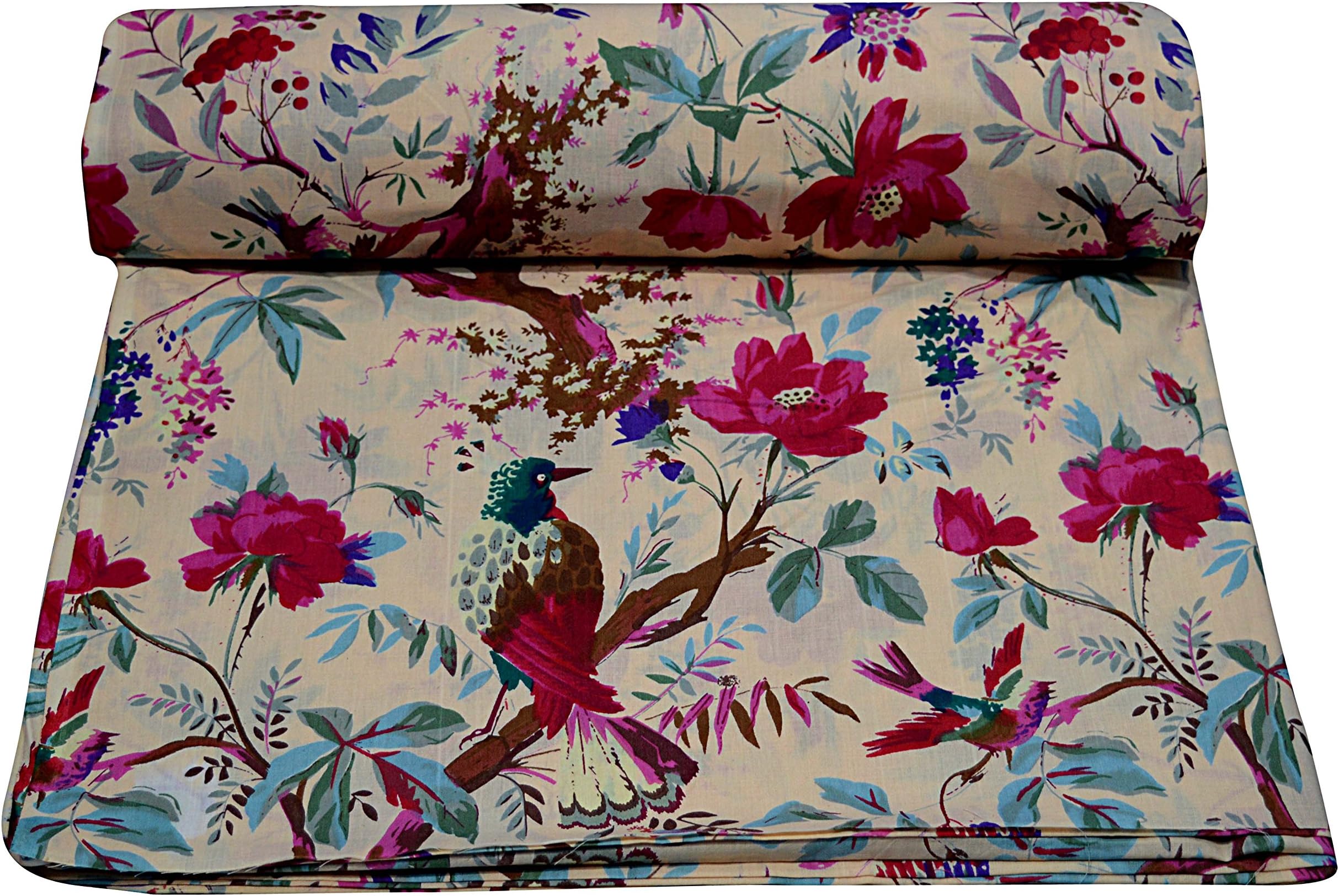 Rajcrafts Bird Print Fabric Cotton Dress Making 5 Meter Jaipuri Handmade Dress Running Fabric… Beige