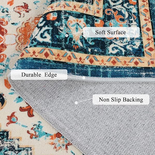 U’ARTLINES BOHO VINTAGE AREA RUG 5X7 MACHINE WASHABLE LOW PILE SOFT FLOOR CARPET NON SLIP NON SHEDDING ACCENT RUG FOR LIVING ROOM BEDROOM ENTRYWAY DINING ROOM OFFICE ORANGE/MULTI