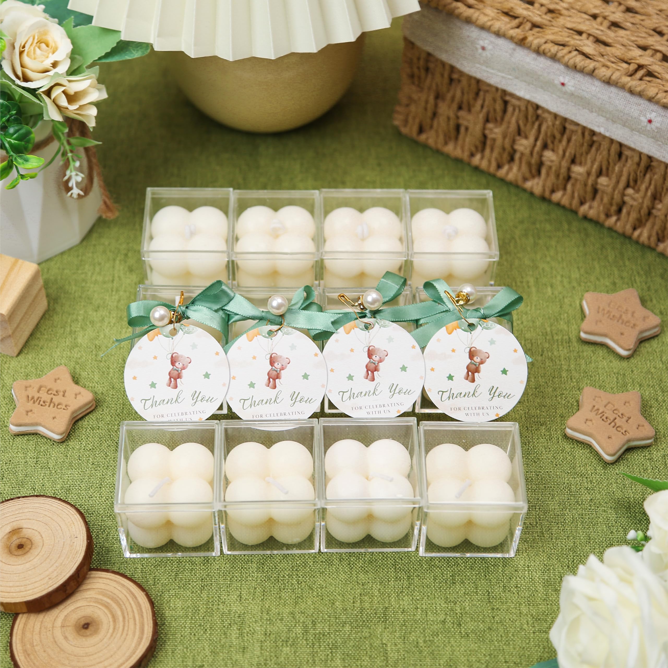 Photo 1 of 10 Sets Candle Favors, Scented Candle Favors for Guests, Including Mini Bubble Candles Acrylic Boxes Green Ribbon Gift Tags and Pearl Accessories for Gender Reveal Party