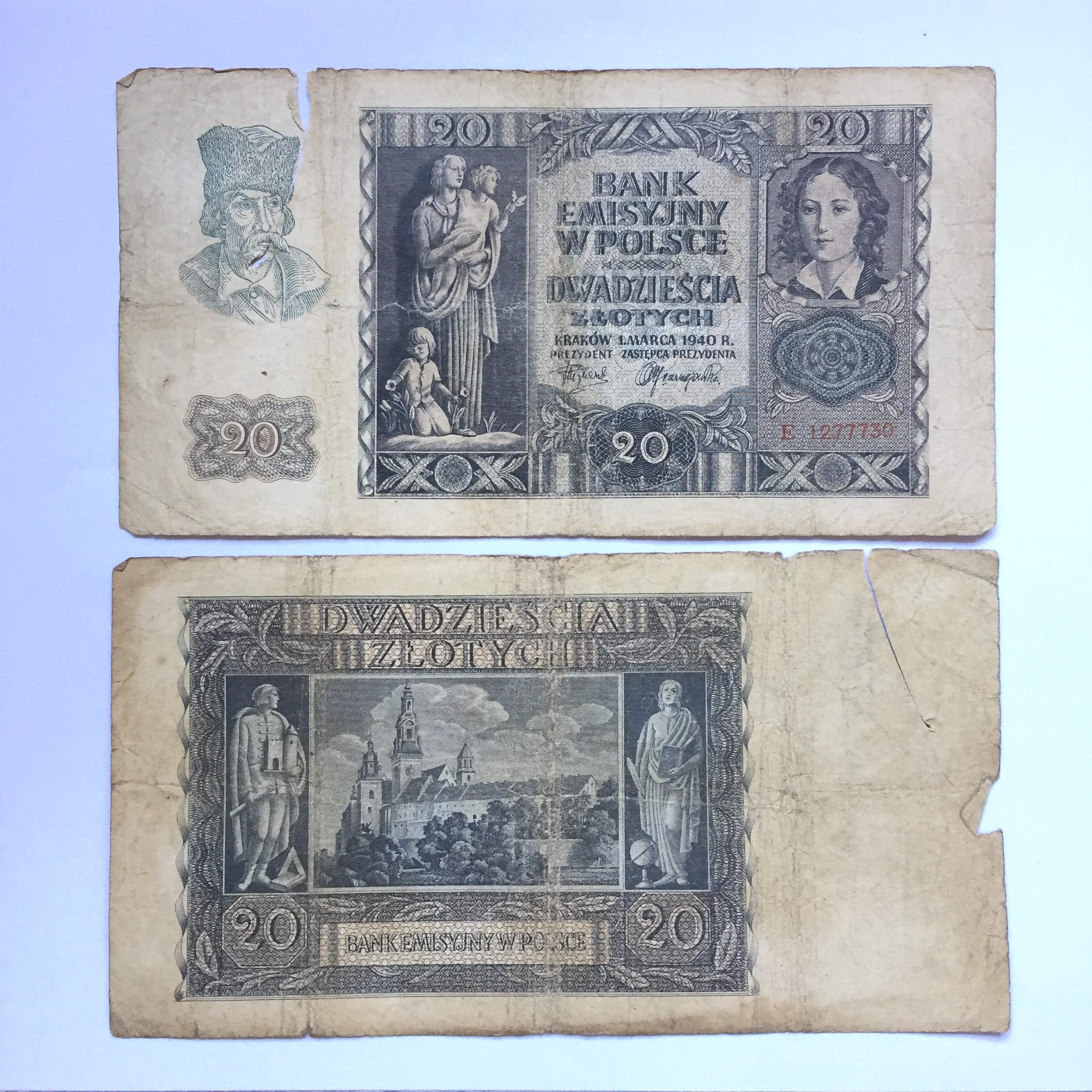 Poland 1940 Collectible Banknote 20 Zlotych Old Rare Currency