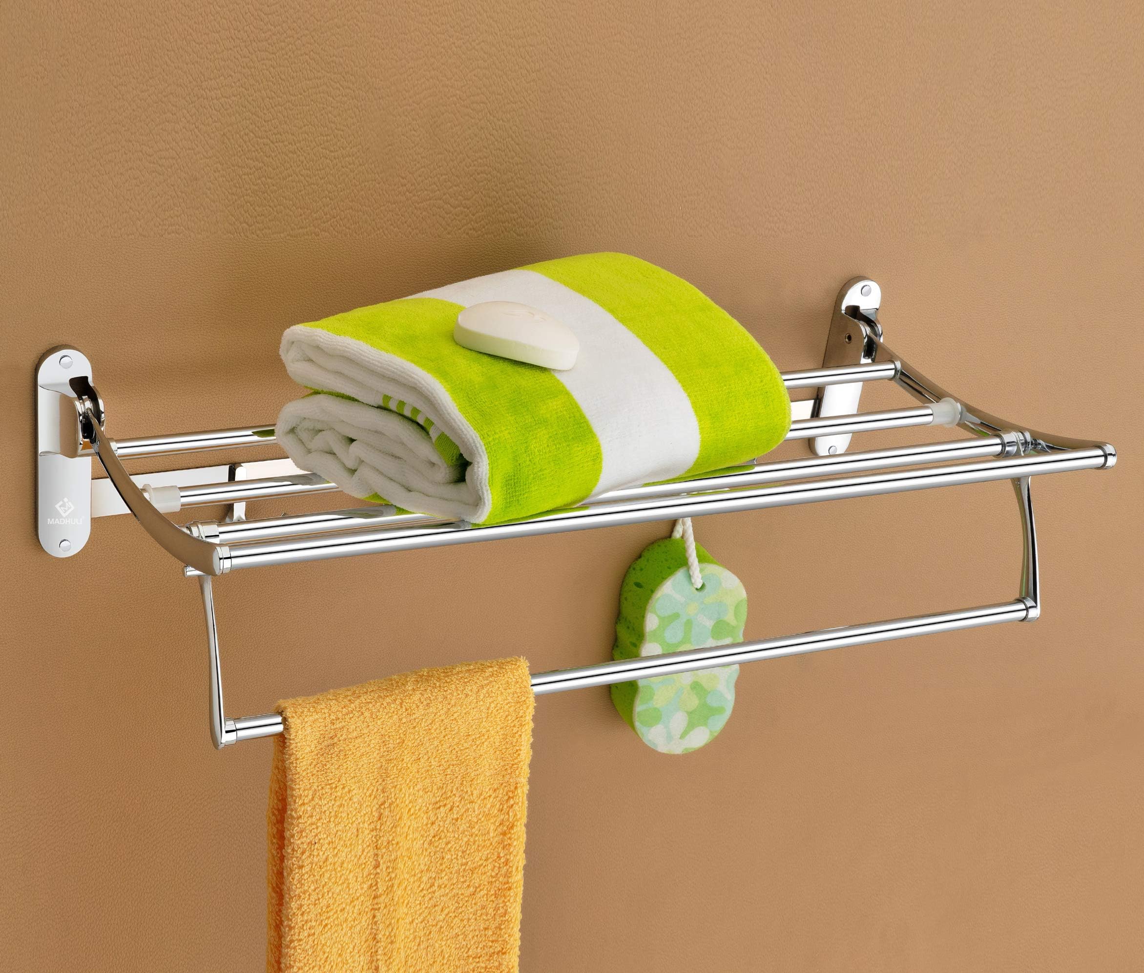 MADHULI® Premium High Grade Stainless Steel Folding Towel Rack for Bathroom Towel Bar/Towel Stand/Hanger/Bathroom Accessories (18 Inch)(Corrosion Resistance)(Compact Design)