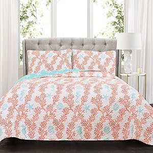 Lush Decor Dina 3 Piece Quilt Set, Full/Queen, Blue/Coral