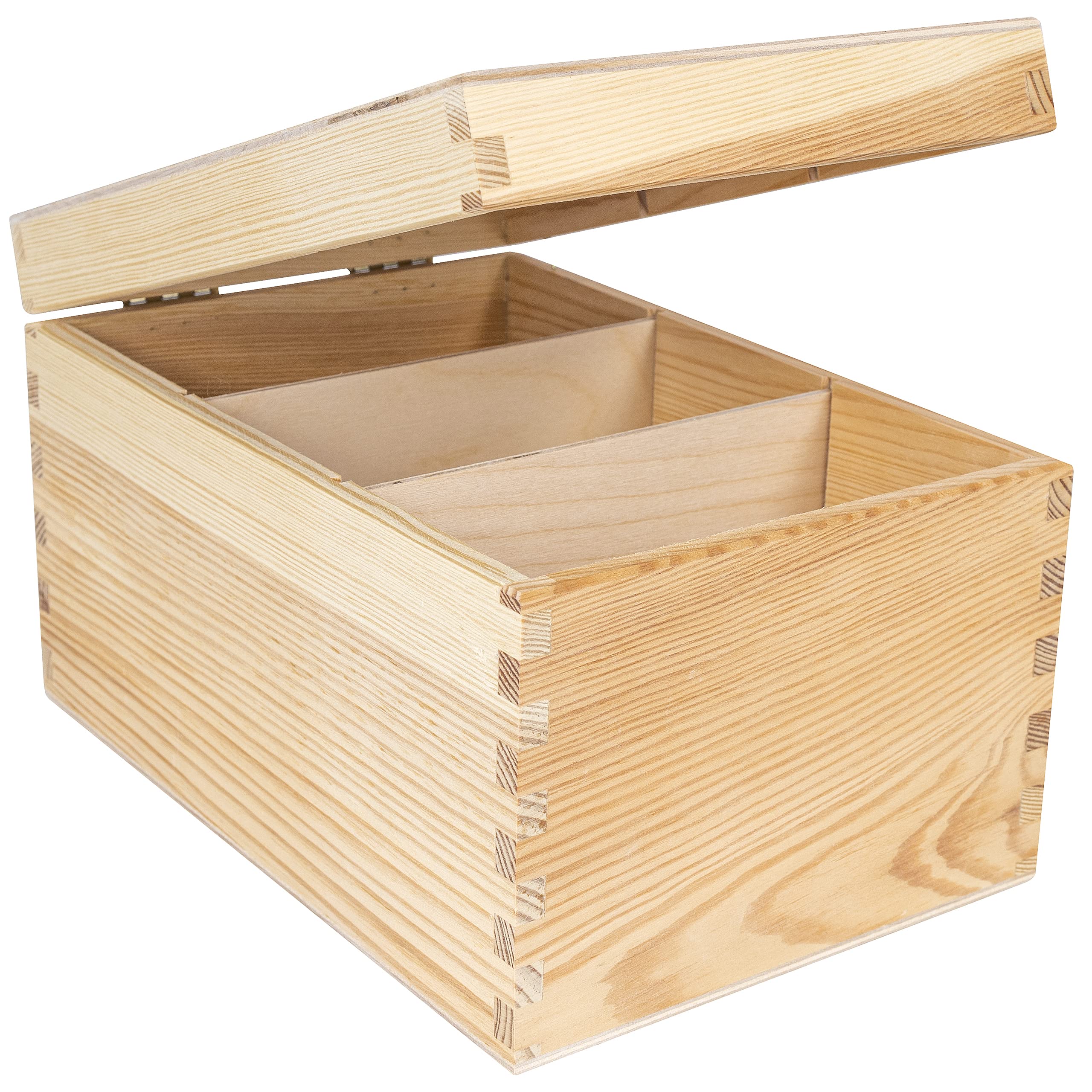 Creative Deco Wooden Storage Box for CD & DVD | 16 x 24 x 14 cm | 3 Compartments | Plain Unfinished & Unpainted with Lid | Office Storage Keepsake Trinket Chest Treasure