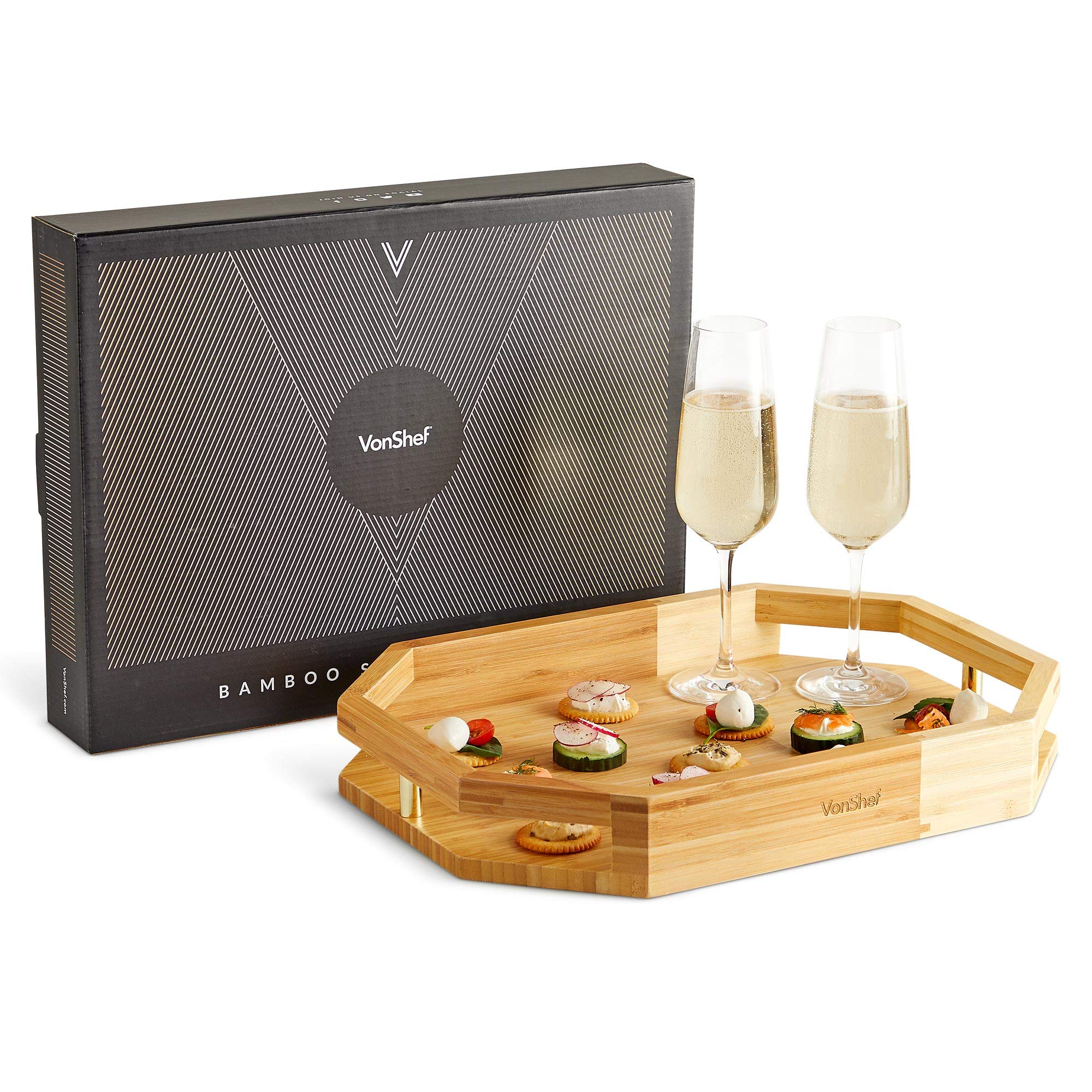 VonShef Bamboo Serving Tray with Handles – Two Toned, Large Rectangular Platter, 40 x 30 cm – Perfect for Breakfast in Bed or Serving Guests