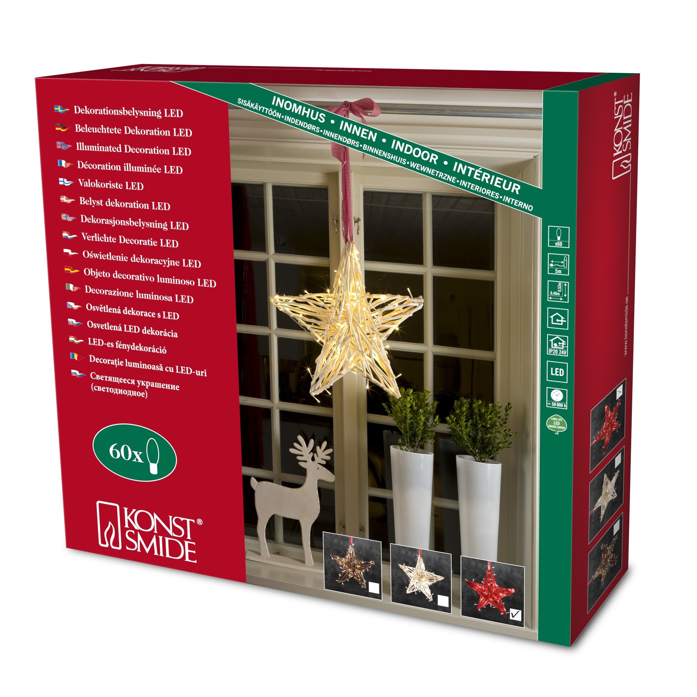 Konstsmide Christmas Lights LED Decoration Wooden Silhouette Star, Red/Indoor Use (IP20)/24V Internal Transformer/60 Warm White Diodes/Transparent Cable, large star