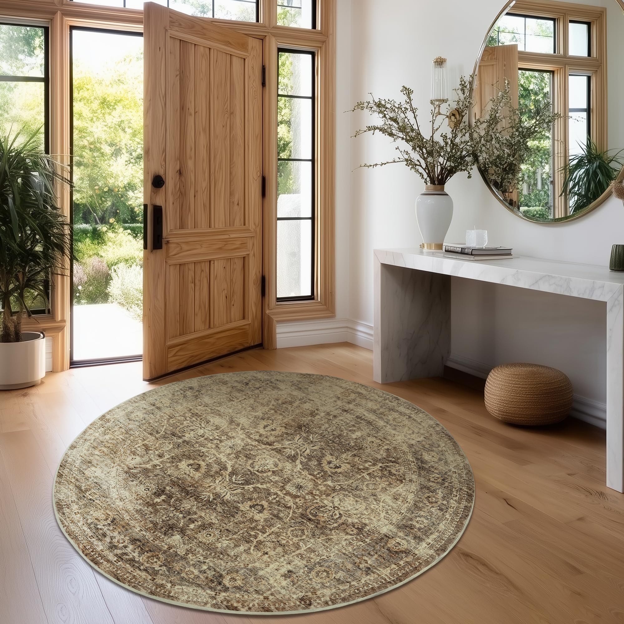 Photo 1 of FMFUNCTEX 4ft Round Washable Area Rug Brown Vintage Neutral Distressed Small Non Slip Carpet for Living Room Bedroom Soft Low Pile Indoor Mat Retro Floral Throw Rug for Dining Room Kitchen Office