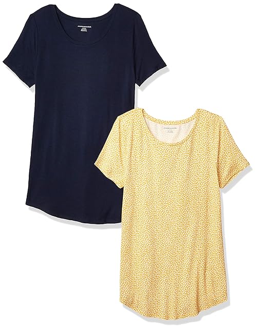 Amazon Essentials Women's Short-Sleeve Scoopneck Tunic, Pack of 2, Navy/Yellow Tulips, Small
