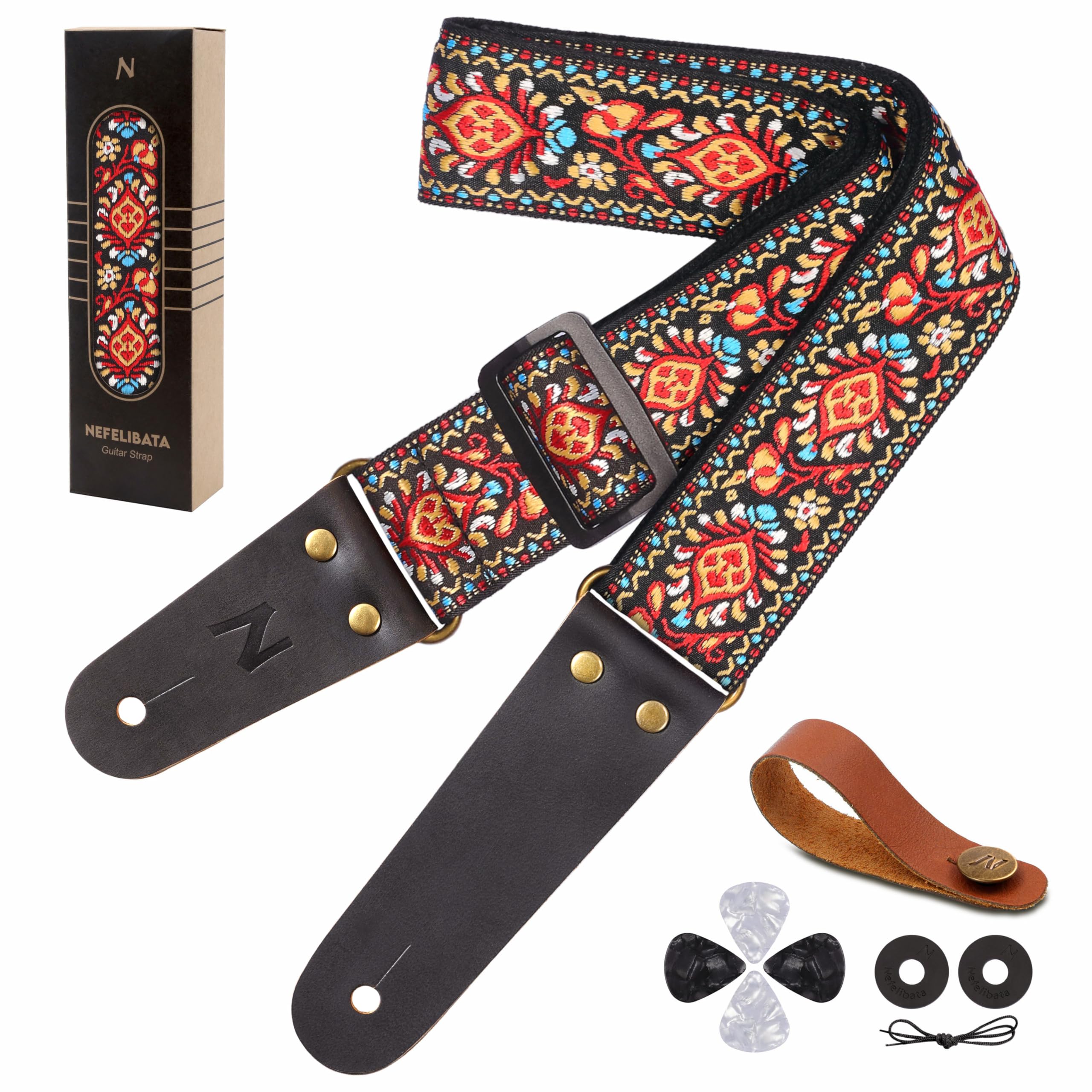 Photo 1 of Nefelibata Guitar Strap, Embroidered Cotton Guitar Straps with Head Cowhide Leather Ends for Bass, Electric & Acoustic Guitars, with Free Strap Button, 1 Pair Strap Locks and 4 Guitar Picks (Saffron)