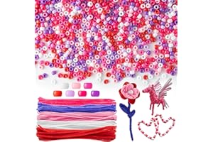 2ooya 1500Pcs Valentine's Day Pony Beads Bulk with 100Pcs Chenille Stem Pipe Cleaner, Plastic Perforated Spacer Beads Set with Fuzzy Sticks for Valentine's Day DIY Crafts Jewelry Making Supplies