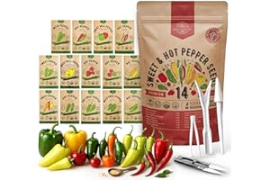 Organo Republic 14 Sweet & Hot Peppers Seeds Variety Pack - 1,030+ Non-GMO Heirloom Pepper Seeds for Outdoor and Indoor Home Gardening, Including Pepper Cayenne, Habanero, Jalapeno, Poblano, Serrano