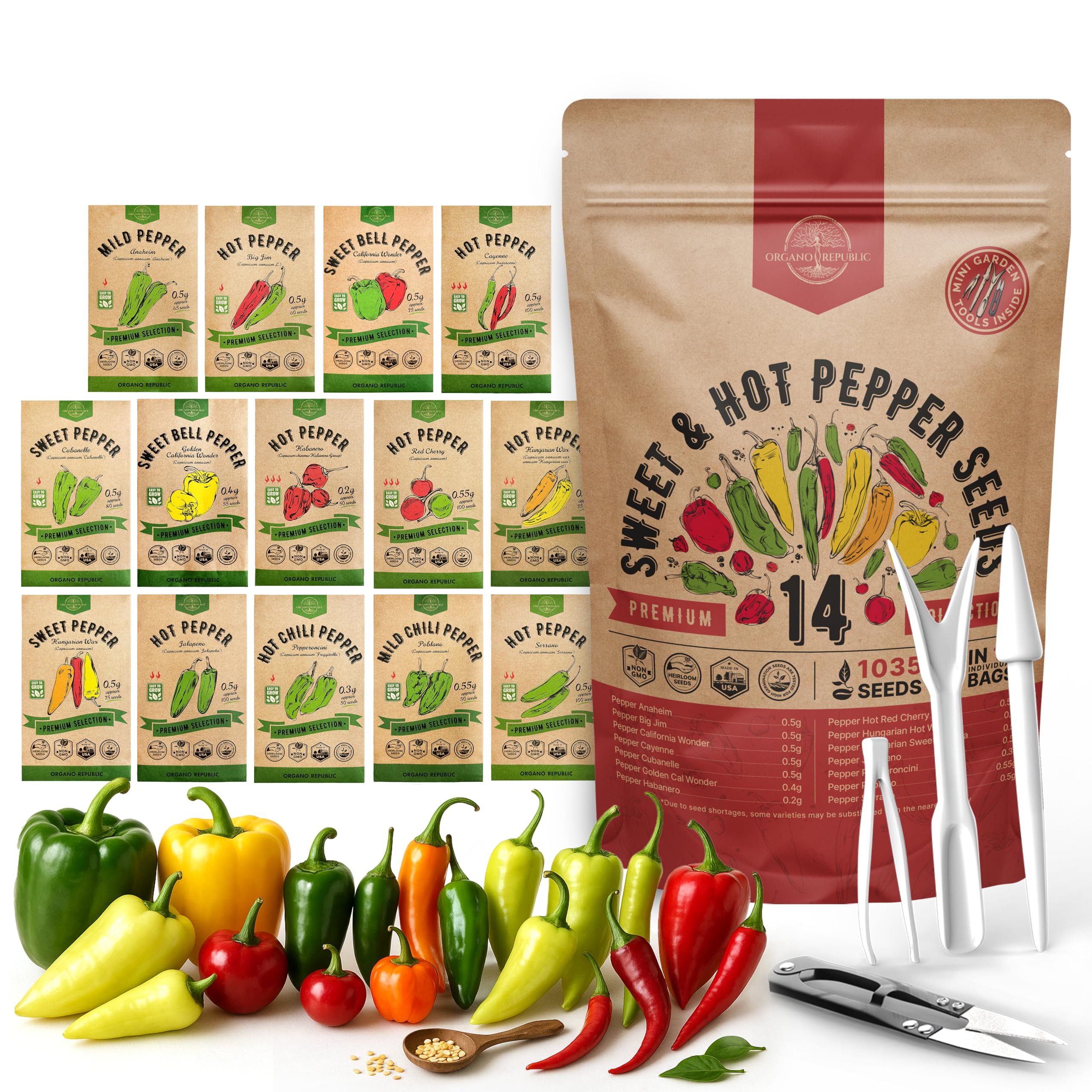 Photo 1 of Organo Republic 14 Sweet & Hot Peppers Seeds Variety Pack - 1,030+ Non-GMO Heirloom Pepper Seeds for Outdoor and Indoor Home Gardening, Including Pepper Cayenne, Habanero, Jalapeno, Poblano, Serrano