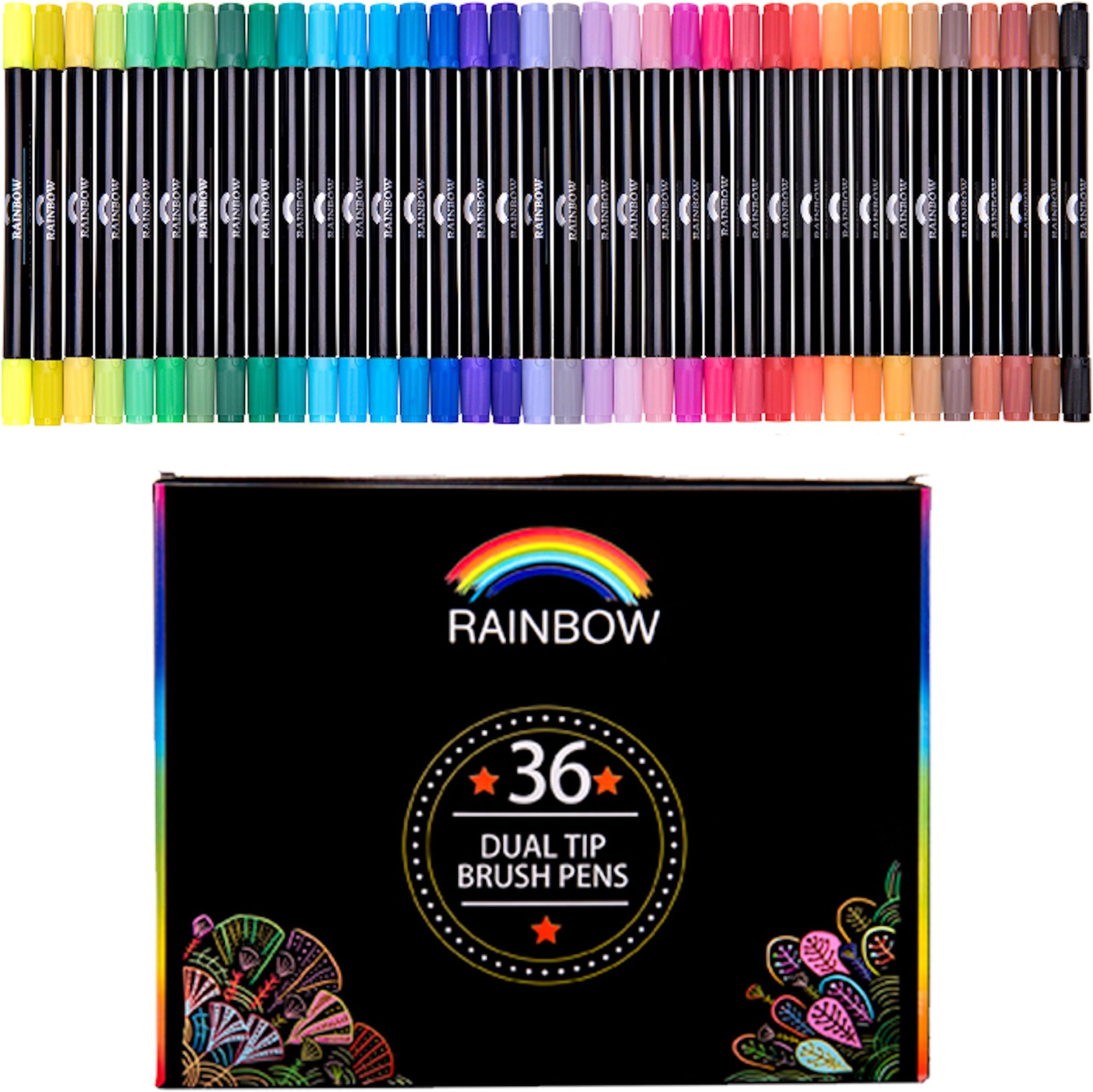 Rainbow Dual Tip Pens - 36 Unique Watercolors - Water Based Ink - Art Marker Set for Coloring, Journaling, Sketching, Lettering, Calligraphy