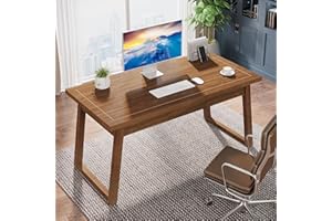 Tribesigns Executive Desk with Drawer, 55” Walnut Wooden Desk for Home Office, Mid-Century Modern Writing Table, Sturdy Works