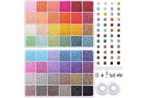 QUEFE 44000pcs 2mm Glass Seed Beads for Bracelet Making Kit, 48 Colors Small Beads, Craft Beads Kit for Jewelry Making, with 2 Storage Boxes, Charms, Jump Rings and Clear Elastic String Cord