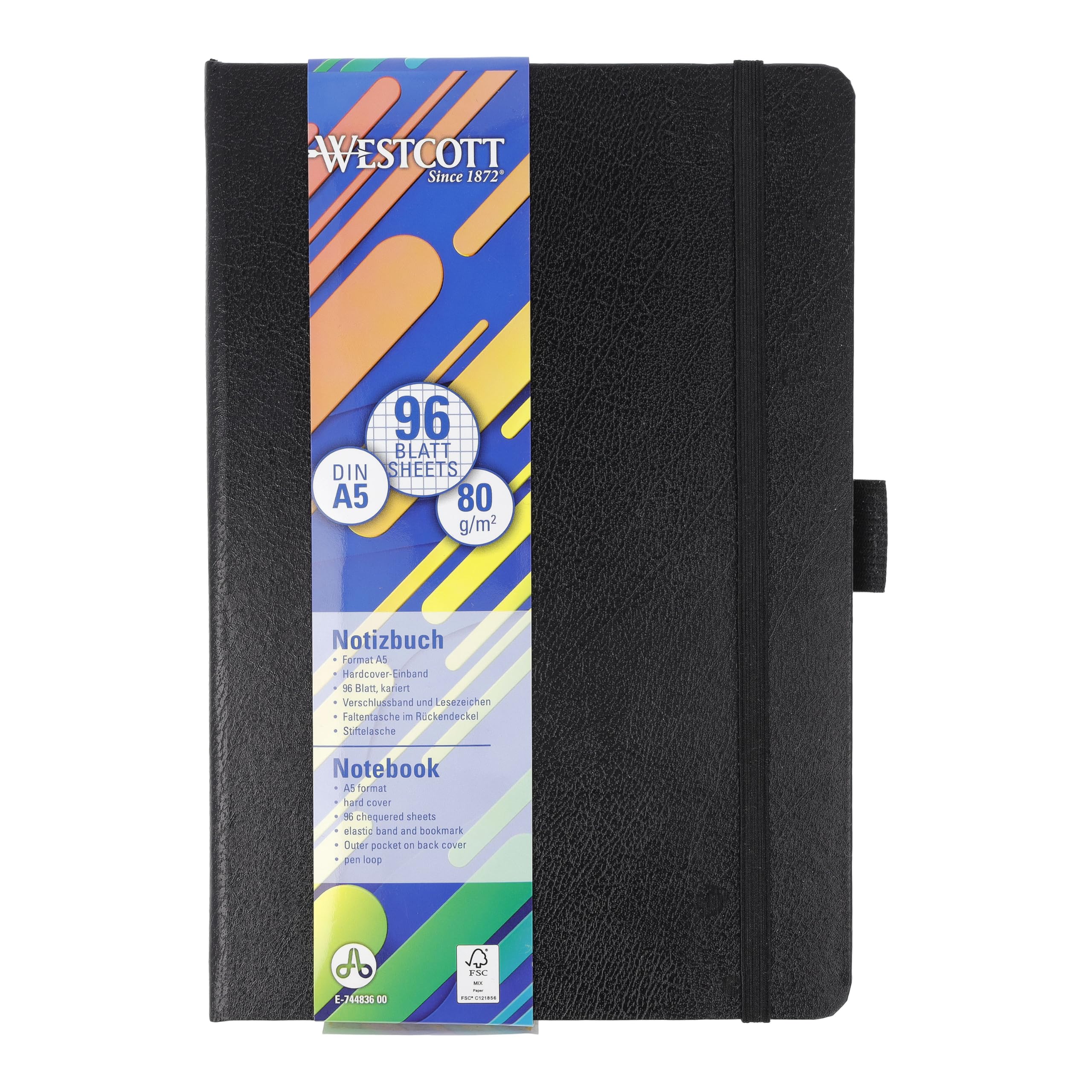 Westcott notebook DIN A5 squared | 192 pages in an elegant hardcover | 80 g/m² sustainable FSC-mix paper | with inside pocket, bookmark, elasticated closure and pen holder | E-744836 00