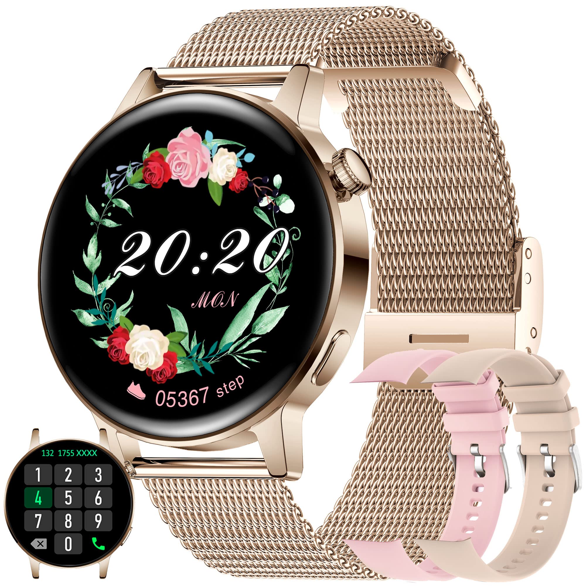 SGDDFIT Women's Smartwatch with Phone Function 1.36 Inch HD Watch SpO2 Heart Rate Monitor Sleep Monitor Menstrual Cycle Pedometer Music Player Android iOS Gifts for Women (Gold)