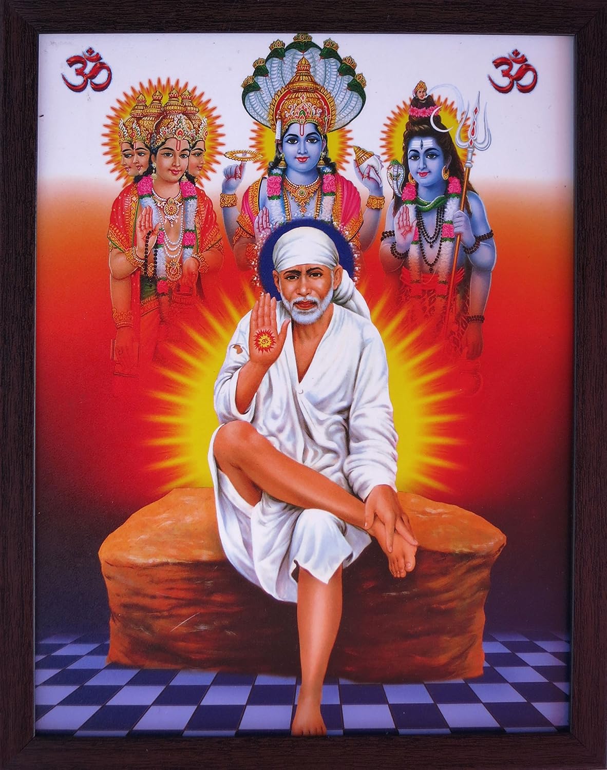 Paintings - HandicraftStore Sai Baba Sitting on Rock with White Clothes and Lord Brahma, Vishnu, Mahesh Sai Baba Who Is Look Like a White Beard and Wearing White Clothes, Sai Baba Picture photo with frame