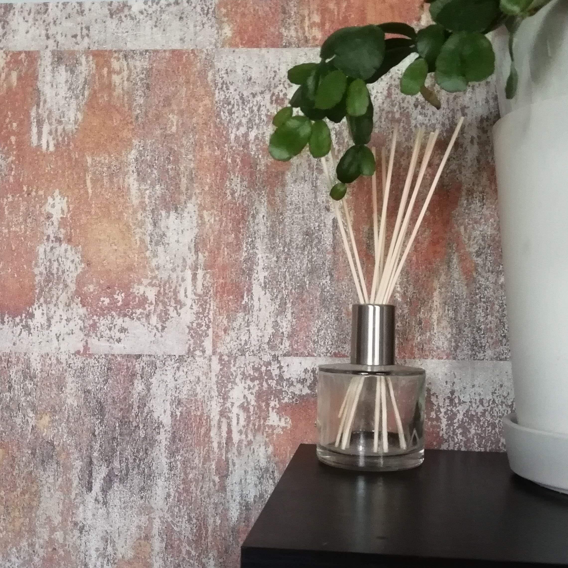 Textured Rusted Concrete Tile Wall Effect Wallpaper | Rusted Orange, Gold & Charcoal