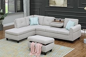 ERYE 3 PCS Modular Sectional Storage Ottoman Chaise, L-Shaped 5 Seaters Comfy Upholstered Corner Sofa & Couch W/2 Cup Holders for Home Apartment Office Living Room Furniture Sets, Light Gray Left
