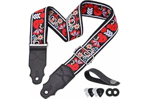 YIKOKO Guitar Strap, Head Layer Cowhide Leather End, 2 Inches Wide, for Acoustic and Bass Electric Guitars, Free Button, 2 Strap Locks and 4 Guitar Picks