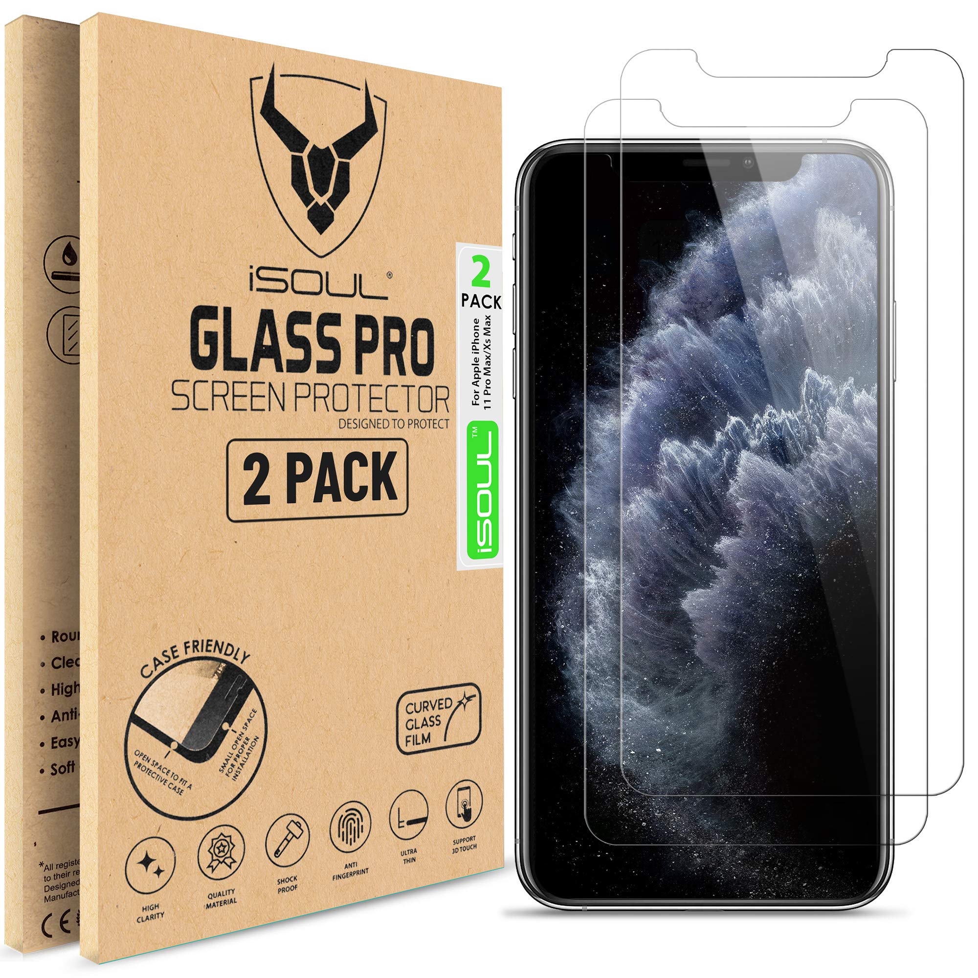 iSOUL [2 Pack Screen Protector For iPhone 11 Pro Max & iPhone XS Max 6.5" [Anti-Scratch] [Case Friendly] 0.28mm Tempered Glass Film