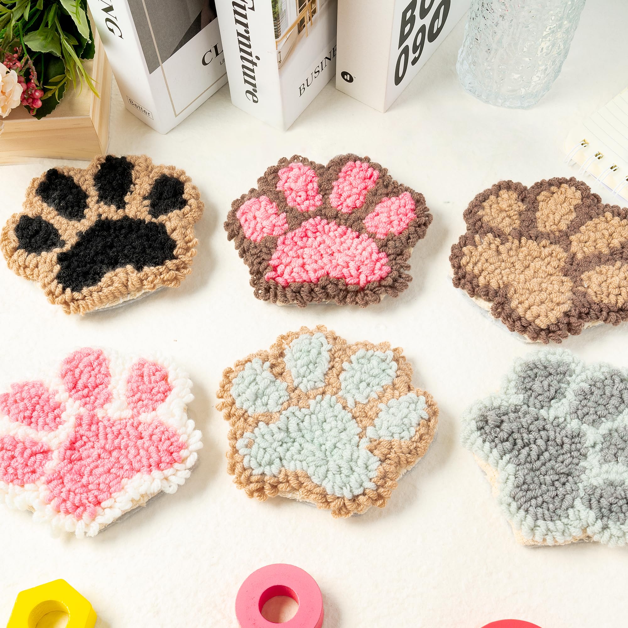 WATINC 22Pcs Craft Punch Needle Coaster Kit, Easy Art Work Decor Coasters Kits for Beginners, 6 Pattern Tufted Rug Pads with Adhesive Felt Yarns Embroidery Hoop Instruction, DIY Needle Punch Craft
